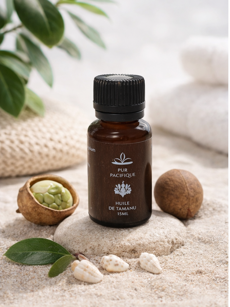 <b>NOUVEAUTÉ FORMAT 15ML : TAMANU EN FORMAT NONADE</b> : HUILE DE TAMANU VIERGE 100% <br>D´ORIGINE NATURELLE - <br> L´OR VERT DU PACIFIQUE - 15ML